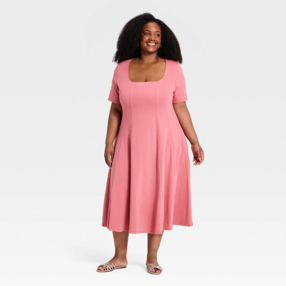 Women's Plus Short Sleeve Seamed Knit Midi T-Shirt Dress - Ava & Viv Pink 1X